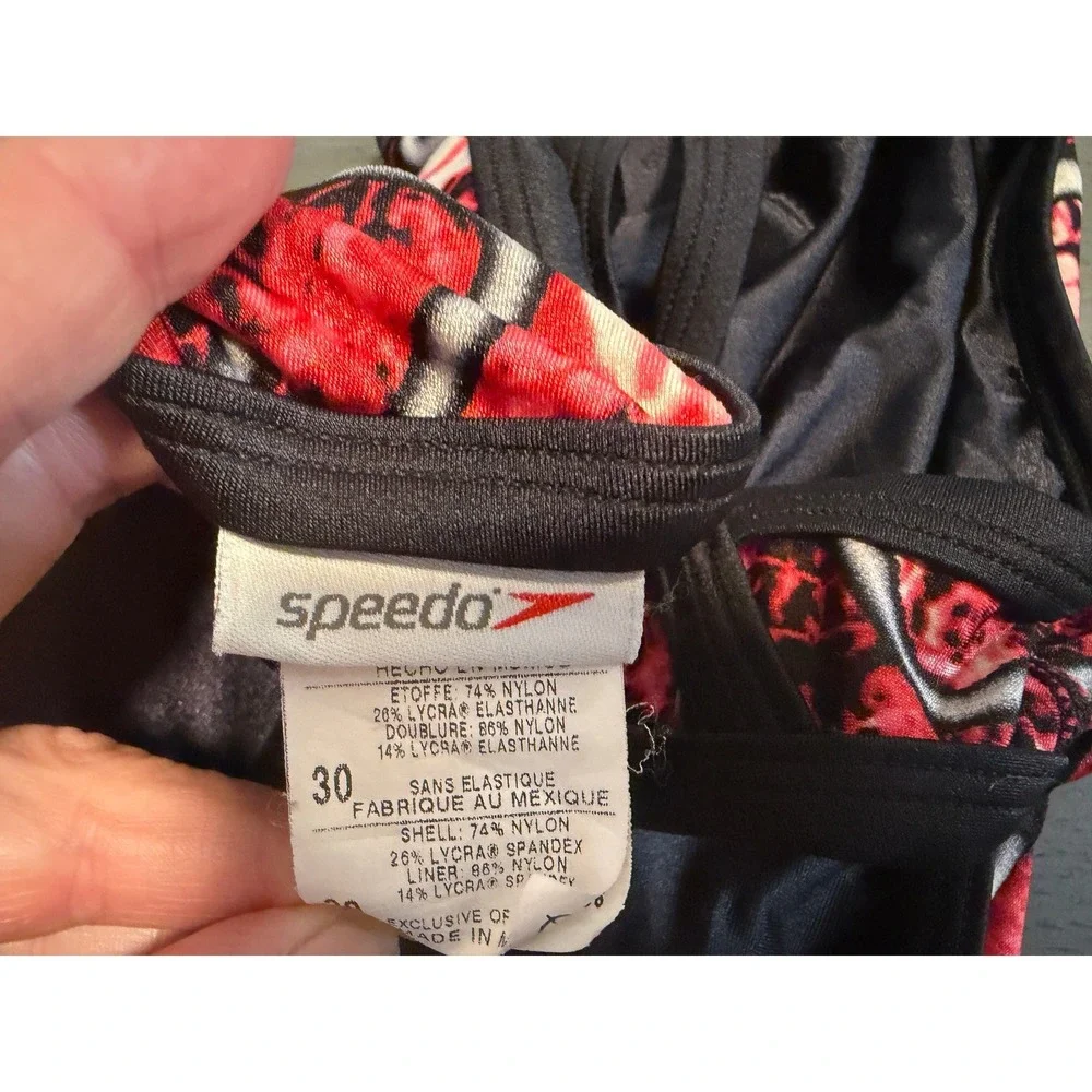 Speedo Womens Red Black Abstract Geometric Cross Back One Piece Swimsuit Size 30